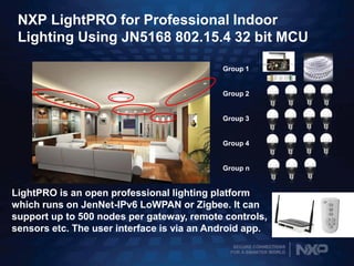 SECURE CONNECTIONS
FOR A SMARTER WORLD
NXP LightPRO for Professional Indoor
Lighting Using JN5168 802.15.4 32 bit MCU
Group 1
Group 2
Group 3
Group 4
Group n
LightPRO is an open professional lighting platform
which runs on JenNet-IPv6 LoWPAN or Zigbee. It can
support up to 500 nodes per gateway, remote controls,
sensors etc. The user interface is via an Android app.
 