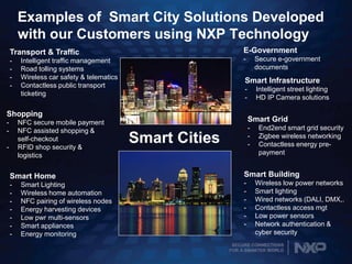 SECURE CONNECTIONS
FOR A SMARTER WORLD
Examples of Smart City Solutions Developed
with our Customers using NXP Technology
Smart Cities
E-Government
- Secure e-government
documents
Smart Infrastructure
- Intelligent street lighting
- HD IP Camera solutions
Transport & Traffic
- Intelligent traffic management
- Road tolling systems
- Wireless car safety & telematics
- Contactless public transport
ticketing
Smart Grid
- End2end smart grid security
- Zigbee wireless networking
- Contactless energy pre-
payment
Shopping
- NFC secure mobile payment
- NFC assisted shopping &
self-checkout
- RFID shop security &
logistics
Smart Home
- Smart Lighting
- Wireless home automation
- NFC pairing of wireless nodes
- Energy harvesting devices
- Low pwr multi-sensors
- Smart appliances
- Energy monitoring
Smart Building
- Wireless low power networks
- Smart lighting
- Wired networks (DALI, DMX,.
- Contactless access mgt
- Low power sensors
- Network authentication &
cyber security
 