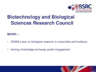 1
Biotechnology and Biological
Sciences Research Council
BBSRC…
• £500M a year on biological research in universities and institutes
• training, knowledge exchange, public engagement
 
