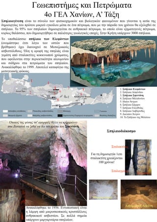 Γεωεπιστήμες και Πετρώματα
4ο ΓΕΛ Χανίων, Α’ Τάξη
Το υποθαλάσσιο σπήλαιο των Ελεφάντων
(ονομάστηκε έτσι λόγω των οστών που
βρέθηκαν) έχει διανοιχτεί σε Μεσοζωικούς
ασβεστόλιθους. Όλη η οροφή της σπηλιάς είναι
γεμάτη από σταλακτίτες κοκκινωπού χρώματος,
που οφείλονται στην περιεκτικότητα αλουμινίου
και σιδήρου στα πετρώματα του σπηλαίου.
Ανακαλύφθηκε το 1999. Αποτελεί καταφύγιο της
μεσογειακής φώκιας.
Ανακαλύφθηκε το 1956. Εντυπωσιακή είναι
η λάμψη από μικροσκοπικούς κρυστάλλους
ανθρακικού ασβεστίου. Σε πολλά σημεία
υπάρχουν μαργαριτάρια σπηλαίων.
Σπηλαιογένεση είναι το σύνολο των φυσικοχημικών και βιολογικών φαινομένων που γίνονται η αιτία της
δημιουργίας του πρώτου μικρού εγκοίλου μέσα σε ένα πέτρωμα, που με την πάροδο του χρόνου θα εξελιχθεί σε
σπήλαιο. Το 95% των σπηλαίων δημιουργείται σε ανθρακικό πέτρωμα, το οποίο είναι ιζηματογενές πέτρωμα,
κυρίως θαλάσσιο, που δημιουργήθηκε σε παλιότερες γεωλογικές εποχές. Στην Κρήτη υπάρχουν 3000 σπήλαια.
Σπηλαιοδιάκοσμο
Σταλακτίτες
Μαργαριτάρια
Κολώνα
Σταλαγμίτες
Σπήλαιο Ελεφάντων
Για τη δημιουργία 1cm
σταλακτίτη χρειάζονται
100 χρόνια!
1. Σπήλαιο Ελεφάντων
2. Σπήλαιο Ασφένδου
3. Σπήλαιο Σφεντόνη
4. Σπήλαιο Μελιδονίου
5. Ιδαίον Άντρον
6. Σπήλαιο Σάρχου
7. Σπήλαιο Ειλειθυίας
8. Σπήλαιο Λαβύρινθος
9. Δικταίον Άντρον
10. Το Σπήλαιο της Μιλάτου
Όποιος της φύσης τσ' ομορφιές θέλει να καμαρώνει
στα Ζωνιανά να 'ρθεί να δει την τρύπα του Σφεντόνη.
Λιθωματική Λεκάνη
 