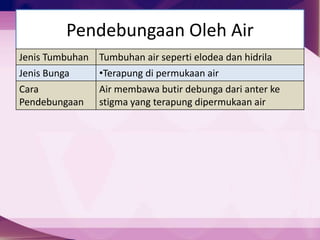 Pendebungaan Oleh Air
Jenis Tumbuhan Tumbuhan air seperti elodea dan hidrila
Jenis Bunga •Terapung di permukaan air
Cara
Pendebungaan
Air membawa butir debunga dari anter ke
stigma yang terapung dipermukaan air
 