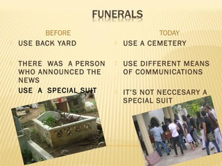 BEFORE TODAY
 USE BACK YARD
 THERE WAS A PERSON
WHO ANNOUNCED THE
NEWS
 USE A SPECIAL SUIT
 USE A CEMETERY
 USE DIFFERENT MEANS
OF COMMUNICATIONS
 IT’S NOT NECCESARY A
SPECIAL SUIT
 