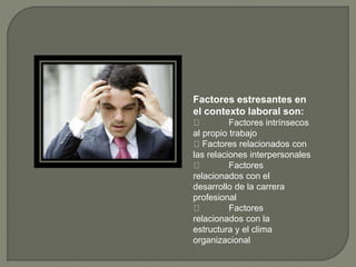 Factores estresantes en
el contexto laboral son:
Factores intrínsecos
al propio trabajo
Factores relacionados con
las relaciones interpersonales
Factores
relacionados con el
desarrollo de la carrera
profesional
Factores
relacionados con la
estructura y el clima
organizacional
 