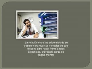 La relación entre las exigencias de su
trabajo y los recursos mentales de que
dispone para hacer frente a tales
exigencias, expresa la carga de
trabajo mental.
 