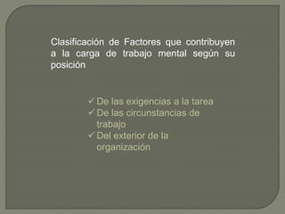 Clasificación de Factores que contribuyen
a la carga de trabajo mental según su
posición
 De las exigencias a la tarea
 De las circunstancias de
trabajo
 Del exterior de la
organización
 