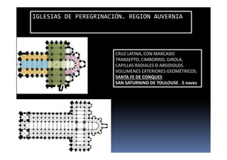 IGLESIAS DE PEREGRINACIÓN. REGION AUVERNIA
CRUZ LATINA, CON MARCADO
TRANSEPTO, CIMBORRIO, GIROLA,
CAPILLAS RADIALES O ABSIDIOLOS.
VOLUMENES EXTERIORES GEOMÉTRICOS.
SANTA FE DE CONQUES
SAN SATURNINO DE TOULOUSE . 5 naves
 