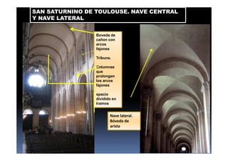SAN SATURNINO DE TOULOUSE. NAVE CENTRAL
Y NAVE LATERAL
Boveda de
cañon con
arcos
fajones
Tribuna.
Columnas
que
prolongan
los arcos
fajones
spacio
dividido en
tramos
Nave lateral.
Bóveda de
arista
 