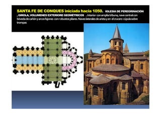 SANTA FE DE CONQUES iniciada hacia 1050. IGLESIA DE PEREGRINACIÓN
, GIROLA, VOLUMENES EXTERIORE GEOMÉTRICOS . Interior conampliatribuna,navecentralcon
bóvedadecañónyarcosfajones conrobustospilares.Naveslateralesdearistayen elcrucero cúpulasobre
trompas
 