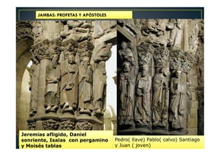 Jeremias afligido, Daniel
sonriente, Isaias con pergamino
y Moisés tablas
Pedro( llave) Pablo( calvo) Santiago
y Juan ( joven)
JAMBAS: PROFETAS Y APÓSTOLES
 