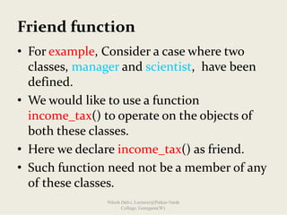Friend function
• For example, Consider a case where two 
classes, manager and scientist,  have been 
defined.
• We would like to use a function 
income_tax() to operate on the objects of 
both these classes.
• Here we declare income_tax() as friend.
• Such function need not be a member of any 
of these classes.
Nilesh Dalvi, Lecturer@Patkar-Varde
College, Goregaon(W).
 