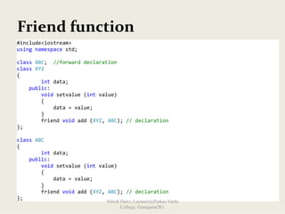 Friend function
#include<iostream> 
using namespace std; 
 
class ABC;  //forward declaration 
class XYZ  
{ 
        int data; 
    public: 
        void setvalue (int value) 
        { 
            data = value; 
        } 
        friend void add (XYZ, ABC); // declaration 
}; 
 
class ABC  
{ 
        int data; 
    public: 
        void setvalue (int value) 
        { 
            data = value; 
        } 
        friend void add (XYZ, ABC); // declaration 
}; 
Nilesh Dalvi, Lecturer@Patkar-Varde
College, Goregaon(W).
 