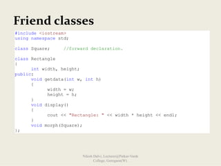 Friend classes
#include <iostream>
using namespace std;
class Square; //forward declaration.
class Rectangle
{
int width, height;
public:
void getdata(int w, int h)
{
width = w;
height = h;
}
void display()
{
cout << "Rectangle: " << width * height << endl;
}
void morph(Square);
};
Nilesh Dalvi, Lecturer@Patkar-Varde
College, Goregaon(W).
 