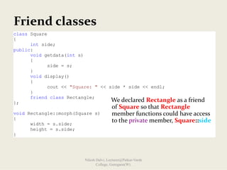 Friend classes
class Square
{
int side;
public:
void getdata(int s)
{
side = s;
}
void display()
{
cout << "Square: " << side * side << endl;
}
friend class Rectangle;
};
void Rectangle::morph(Square s)
{
width = s.side;
height = s.side;
}
We declared Rectangle as a friend 
of Square so that Rectangle
member functions could have access 
to the private member, Square::side
Nilesh Dalvi, Lecturer@Patkar-Varde
College, Goregaon(W).
 