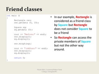 Friend classes
int main ()
{
Rectangle rec;
rec.getdata (5, 10);
Square sq;
sq.getdata (5);
cout << "Before:" << endl;
rec.display();
sq.display();
rec.morph(sq);
cout << "nAfter:" << endl;
rec.display();
sq.display();
return 0;
}
• In our example, Rectangle is 
considered as a friend class 
by Square but Rectangle
does not consider Square to 
be a friend
• So Rectangle can access the 
private members of Square
but not the other way 
around. 
Nilesh Dalvi, Lecturer@Patkar-Varde
College, Goregaon(W).
 
