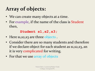 Array of objects:
• We can create many objects at a time.
• For example, if the name of the class is Student 
then,
Student s1,s2,s3;
• Here s1,s2,s3 are three objects .
• Consider there are so many students and therefore 
if we declare object for each student as s1,s2,s3,.sn 
it is very complicated for writing.
• For that we use array of objects
Nilesh Dalvi, Lecturer@Patkar-Varde
College, Goregaon(W).
 