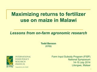 1
Maximizing returns to fertilizer
use on maize in Malawi
Lessons from on-farm agronomic research
Farm Input Subsidy Program (FISP)
National Symposium
14-15 July 2014
Lilongwe, Malawi
Todd Benson
IFPRI
 