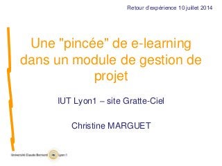 Une "pincée" de e-learning
dans un module de gestion de
projet
IUT Lyon1 – site Gratte-Ciel
Christine MARGUET
Retour d’expérience 10 juillet 2014
 