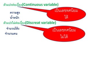 ตัวแปรต่อเนื่อง(Continuous variable)
ความสูง
น้าหนัก
ตัวแปรไม่ต่อเนื่อง(Discreat variable)
จานวนโต๊ะ
จานวนคน
เป็นเลขทศนิยม
ได้
เป็นเลขทศนิยม
ไม่ได้
 