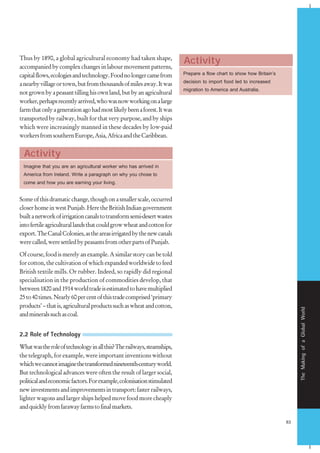 83
TheMakingofaGlobalWorld
Prepare a flow chart to show how Britain’s
decision to import food led to increased
migration to America and Australia.
ActivityThus by 1890, a global agricultural economy had taken shape,
accompaniedbycomplexchangesinlabourmovementpatterns,
capitalflows,ecologiesandtechnology.Foodnolongercamefrom
anearbyvillageortown,butfromthousandsofmilesaway.Itwas
notgrownbyapeasanttillinghisownland,butbyanagricultural
worker,perhapsrecentlyarrived,whowasnowworkingonalarge
farmthatonlyagenerationagohadmostlikelybeenaforest.Itwas
transported by railway, built for that very purpose, and by ships
which were increasingly manned in these decades by low-paid
workersfromsouthernEurope,Asia,AfricaandtheCaribbean.
Imagine that you are an agricultural worker who has arrived in
America from Ireland. Write a paragraph on why you chose to
come and how you are earning your living.
Activity
Someofthisdramaticchange,thoughonasmallerscale,occurred
closerhomeinwestPunjab.HeretheBritishIndiangovernment
builtanetworkofirrigationcanalstotransformsemi-desertwastes
intofertileagriculturallandsthatcouldgrowwheatandcottonfor
export.TheCanalColonies,astheareasirrigatedbythenewcanals
werecalled,weresettledbypeasantsfromotherpartsofPunjab.
Ofcourse,foodismerelyanexample.Asimilarstorycanbetold
for cotton, the cultivation of which expanded worldwide to feed
British textile mills. Or rubber. Indeed, so rapidly did regional
specialisation in the production of commodities develop, that
between1820and1914worldtradeisestimatedtohavemultiplied
25to40times.Nearly60percentofthistradecomprised‘primary
products’–thatis,agriculturalproductssuchaswheatandcotton,
andmineralssuchascoal.
2.2 Role of Technology
Whatwastheroleoftechnologyinallthis?Therailways,steamships,
the telegraph, for example, were important inventions without
whichwecannotimaginethetransformednineteenth-centuryworld.
But technological advances were often the result of larger social,
politicalandeconomicfactors.Forexample,colonisationstimulated
newinvestmentsandimprovementsintransport:fasterrailways,
lighter wagons and larger ships helped move food more cheaply
andquicklyfromfarawayfarmstofinalmarkets.
 