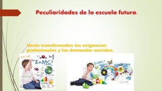 Peculiaridades de la escuela futura.
Verán transformadas las exigencias
profesionales y las demandas sociales.
 