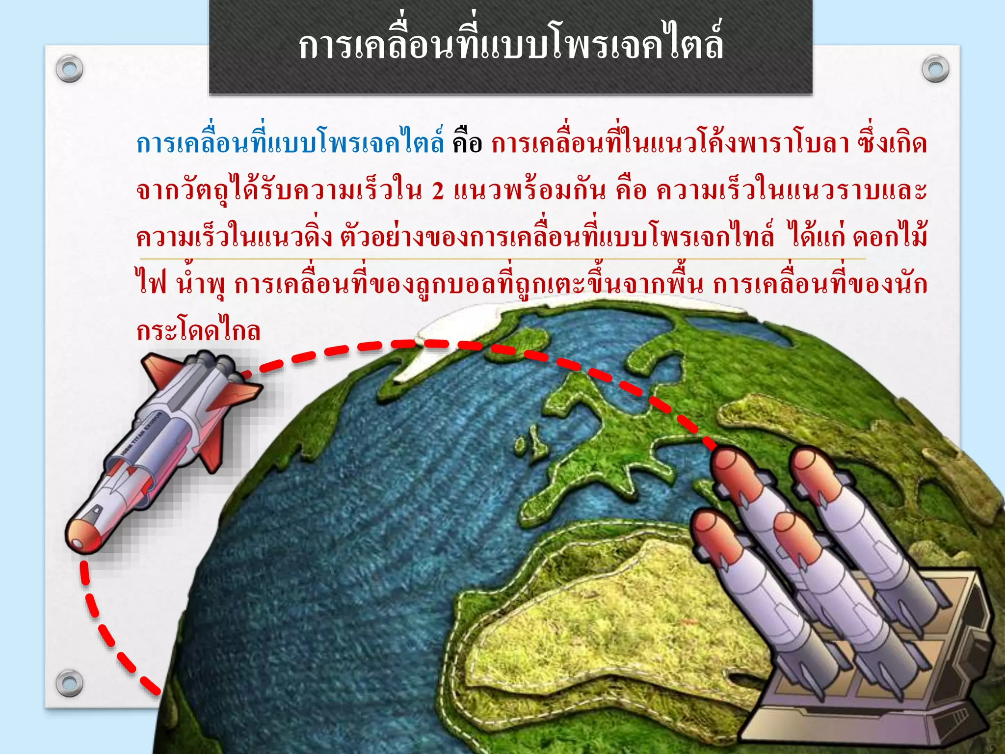 การเคลื่อนที่แบบโพรเจคไตล์ คือ การเคลื่อนที่ในแนวโค้งพาราโบลา ซึ่งเกิด
จากวัตถุได้รับความเร็วใน 2 แนวพร้อมกัน คือ ความเร็วในแนวราบและ
ความเร็วในแนวดิ่ง ตัวอย่างของการเคลื่อนที่แบบโพรเจกไทล์ ได้แก่ ดอกไม้
ไฟ น้าพุ การเคลื่อนที่ของลูกบอลที่ถูกเตะขึ้นจากพื้น การเคลื่อนที่ของนัก
กระโดดไกล
การเคลื่อนที่แบบโพรเจคไตล์
 