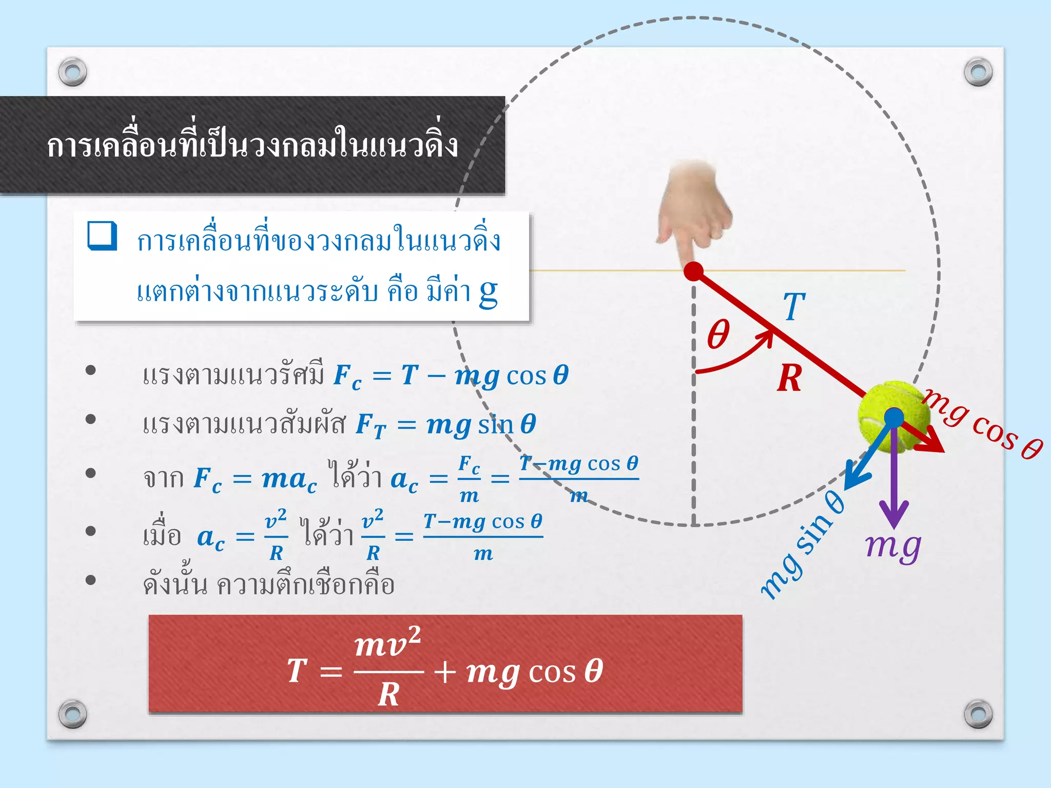 การเคลื่อนที่เป็นวงกลมในแนวดิ่ง
 การเคลื่อนที่ของวงกลมในแนวดิ่ง
แตกต่างจากแนวระดับ คือ มีค่า g
• แรงตามแนวรัศมี 𝑭 𝒄 = 𝑻 − 𝒎𝒈 cos 𝜽
• แรงตามแนวสัมผัส 𝑭 𝑻 = 𝒎𝒈 sin 𝜽
• จาก 𝑭 𝒄 = 𝒎𝒂 𝒄 ได้ว่า 𝒂 𝒄 =
𝑭 𝒄
𝒎
=
𝑻−𝒎𝒈 cos 𝜽
𝒎
• เมื่อ 𝒂 𝒄 =
𝒗 𝟐
𝑹
ได้ว่า 𝒗 𝟐
𝑹
=
𝑻−𝒎𝒈 cos 𝜽
𝒎
• ดังนั้น ความตึกเชือกคือ
q
𝑚𝑔
𝑇
𝑻 =
𝒎𝒗 𝟐
𝑹
+ 𝒎𝒈 cos 𝜽
𝑹
 