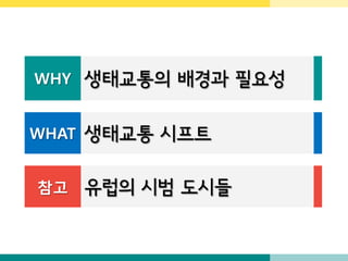 WHY 생태교통의 배경과 필요성
WHAT 생태교통 시프트
참고 유럽의 시범 도시들
 