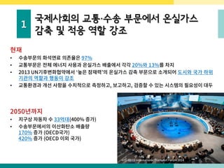 1
국제사회의 교통·수송 부문에서 온실가스
감축 및 적응 역할 강조
현재
• 수송부문의 화석연료 의존율은 97%
• 교통부문은 전체 에너지 사용과 온실가스 배출에서 각각 20%와 13%를 차지
• 2013 UN기후변화협약에서 ‘높은 잠재력’의 온실가스 감축 부문으로 소개되어 도시와 국가 하위
기관의 역할과 행동이 강조
• 교통환경과 개선 사항을 수치적으로 측정하고, 보고하고, 검증할 수 있는 시스템의 필요성이 대두
2050년까지
• 지구상 자동차 수 33억대(400% 증가)
• 수송부문에서의 이산화탄소 배출량
170% 증가 (OECD국가)
420% 증가 (OECD 이외 국가)
사진: OECD International Transport Forum 2014
 