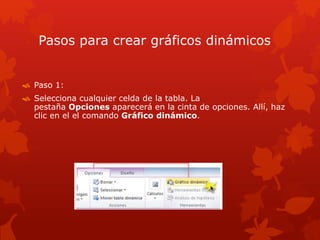Pasos para crear gráficos dinámicos
 Paso 1:
 Selecciona cualquier celda de la tabla. La
pestaña Opciones aparecerá en la cinta de opciones. Allí, haz
clic en el el comando Gráfico dinámico.
 
