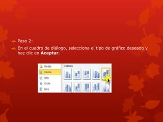  Paso 2:
 En el cuadro de diálogo, selecciona el tipo de gráfico deseado y
haz clic en Aceptar.
 
