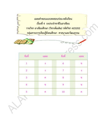 เฉลยคำตอบแบบทดสอบก่อน-หลังเรียน
เรื่องที่ 4 ธงประจำชำติในอำเซียน
รำยวิชำ อำเซียนศึกษำ (วิชำเพิ่มเติม) รหัสวิชำ ส23202
กลุ่มสำระกำรเรียนรู้สังคมศึกษำ ศำสนำและวัฒนธรรม
ข้อที่ เฉลย ข้อที่ เฉลย
1 ง 6 ข
2 ง 7 ง
3 ค 8 ข
4 ข 9 ข
5 ค 10 ค
 