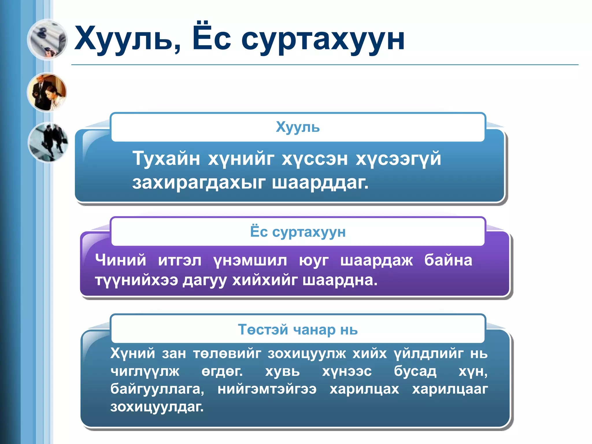 Хууль, Ёс суртахуун
Төстэй чанар нь
Тухайн хүнийг хүссэн хүсээгүй
захирагдахыг шаарддаг.
Чиний итгэл үнэмшил юуг шаардаж байна
түүнийхээ дагуу хийхийг шаардна.
Хүний зан төлөвийг зохицуулж хийх үйлдлийг нь
чиглүүлж өгдөг. хувь хүнээс бусад хүн,
байгууллага, нийгэмтэйгээ харилцах харилцааг
зохицуулдаг.
Хууль
Ёс суртахуун
 