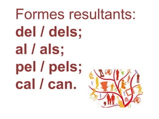 Formes resultants:
del / dels;
al / als;
pel / pels;
cal / can.
 
