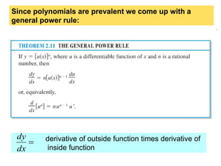 Since polynomials are prevalent we come up with a
general power rule:
derivative of outside function times derivative of
inside function
dx
dy