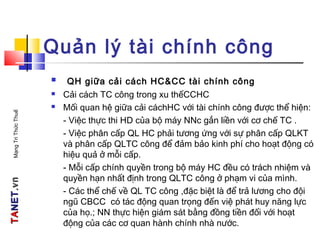 TATANETNET.vn.vnMạngTriThứcThuế
Quản lý tài chính công
 QH giữa cải cách HC&CC tài chính công
 Cải cách TC công trong xu thếCCHC
 Mối quan hệ giữa cải cáchHC với tài chính công được thể hiện:
- Việc thực thi HD của bộ máy NNc gắn liền với cơ chế TC .
- Việc phân cấp QL HC phải tương ứng với sự phân cấp QLKT
và phân cấp QLTC công để đảm bảo kinh phí cho hoạt động có
hiệu quả ở mỗi cấp.
- Mỗi cấp chính quyền trong bộ máy HC đều có trách nhiệm và
quyền hạn nhất định trong QLTC công ở phạm vi của mình.
- Các thể chế về QL TC công ,đặc biệt là để trả lương cho đội
ngũ CBCC có tác động quan trọng đến việ phát huy năng lực
của họ.; NN thực hiện giám sát bằng đồng tiền đối với hoạt
động của các cơ quan hành chính nhà nước.
 