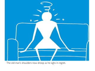 The old man’s shoulders now droop as he sighs in regret.
 