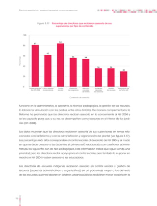 96
Prácticas pedagógicas y desarrollo profesional docente en preescolar
funcione en lo administrativo, lo operativo, lo técnico pedagógico, la gestión de los recursos,
lo laboral, la vinculación con los padres, entre otros ámbitos. De manera complementaria, la
Reforma ha promovido que las directoras reciban asesoría en lo concerniente al PEP 2004 y
se les capacite para que, a su vez, se desempeñen como asesoras en el interior de los jardi-
nes (SEP, 2008).
Los datos muestran que las directoras recibieron asesoría de sus supervisoras en temas rela-
cionados con la Reforma y con la administración y organización del plantel (ver figura 3.17).
Los porcentajes más altos corresponden al control escolar,al desarrollo del PEP 2004 y al modo
en que se debe asesorar a las docentes; el primero está relacionado con cuestiones adminis-
trativas, los siguientes son de tipo pedagógico. Esta información indica que sigue siendo una
prioridad para las directoras recibir apoyo para el control escolar,pero también lo es poner en
marcha el PEP 2004 y saber asesorar a las educadoras.
Las directoras de escuelas indígenas recibieron asesoría en control escolar y gestión de
recursos (aspectos administrativos u organizativos) en un porcentaje mayor a las del resto
de las escuelas; quienes laboran en jardines urbanos públicos recibieron mayor asesoría en la
Figura 3.17 Porcentaje de directoras que recibieron asesoría de sus
supervisoras por tipo de contenido
Contenido de asesoría
Implementación
del PEP 2004
Cómo asesorar
a educadoras
Control
escolar
Operación
de programas
Atención
a padres
de familia
Incidentes
laborales
del personal
Gestión
de recursos
Integración de
los niños NEE
81
62
84
56 54
36 36
30
0
20
40
60
80
100
Porcentaje
 