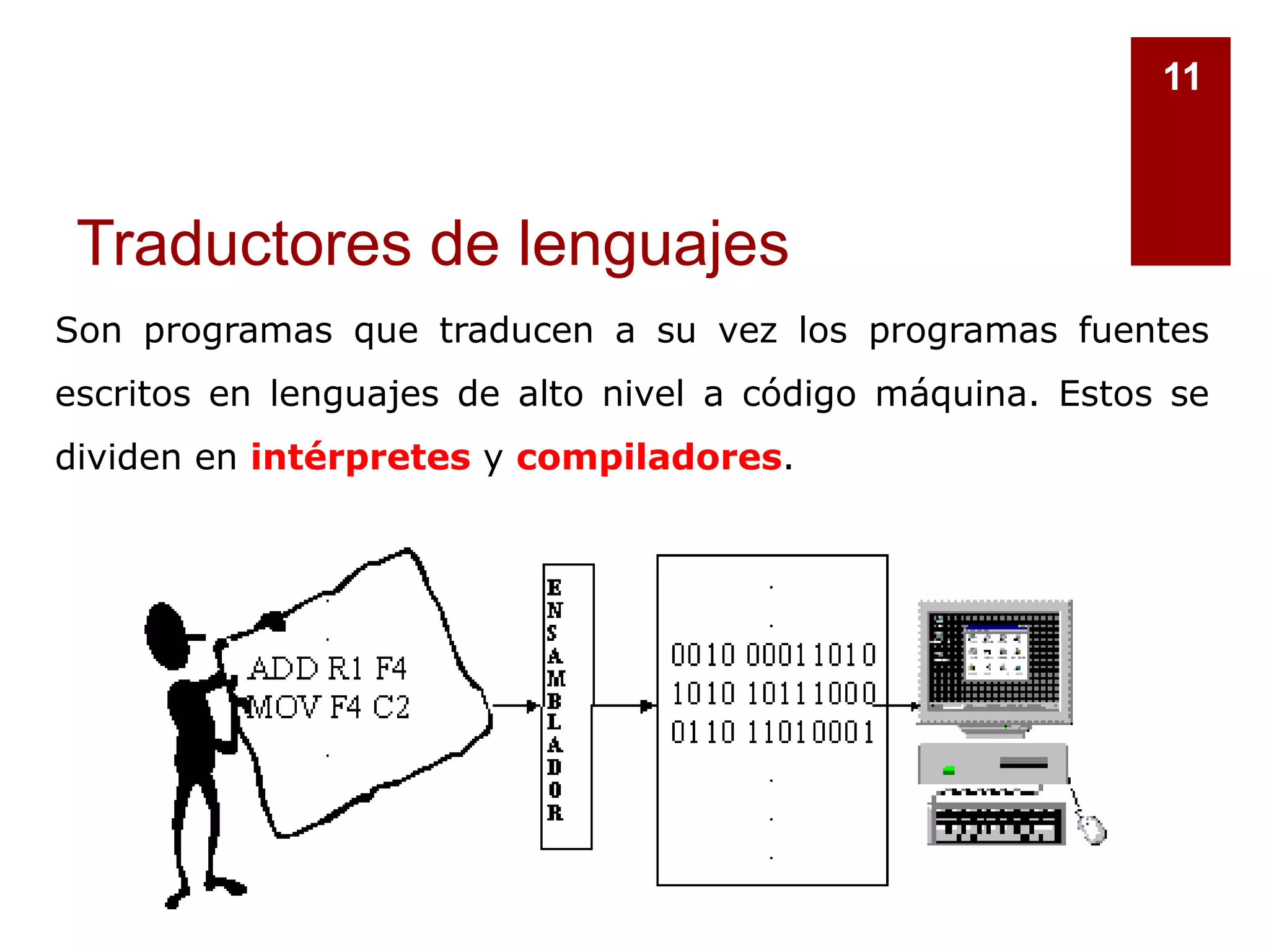 Traductores de lenguajes
11
Son programas que traducen a su vez los programas fuentes
escritos en lenguajes de alto nivel a código máquina. Estos se
dividen en intérpretes y compiladores.
 