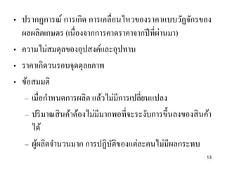 • ปรากฏการณ์ การเกิด การเคลื่อนไหวของราคาแบบวัฏจักรของ
ผลผลิตเกษตร (เนื่องจากการคาดราคาจากปีที่ผ่านมา)
• ความไม่สมดุลของอุปสงค์และอุปทาน
• ราคาเกิดวนรอบจุดดุลยภาพ
• ข้อสมมติ
– เมื่อกาหนดการผลิต แล้วไม่มีการเปลี่ยนแปลง
– ปริมาณสินค้าต้องไม่มีมากพอที่จะระงับการขึ้นลงของสินค้า
ได้
– ผู้ผลิตจานวนมาก การปฏิบัติของแต่ละคนไม่มีผลกระทบ
13
 