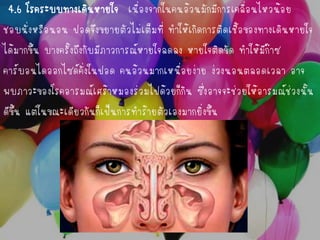 4.6 โรคระบบทางเดินหายใจ เนื่องจากในคนอ้วนมักมีการเคลื่อนไหวน้อย 
ชอบนั่งหรือนอน ปอดจึงขยายตัวไม่เต็มที่ ทาให้เกิดการติดเชื้อของทางเดินหายใจ 
ได้มากขึ้น บางครั้งถึงกับมีภาวการณ์หายใจลดลง หายใจติดขัด ทาให้มีก๊าซ 
คาร์บอนไดออกไซด์คั่งในปอด คนอ้วนมากเหนื่อยง่าย ง่วงนอนตลอดเวลา อาจ 
พบภาวะของโรคอารมณ์เศร้าหมองร่วมไปด้วยก็กิน ซึ่งอาจจะช่วยให้อารมณ์ช่วงนั้น 
ดีขึ้น แต่ในขณะเดียวกันก็เป็นการทาร้ายตัวเองมากยิ่งขึ้น  