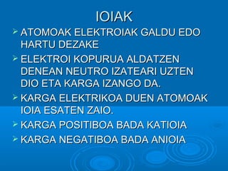 IIOOIIAAKK 
 AATTOOMMOOAAKK EELLEEKKTTRROOIIAAKK GGAALLDDUU EEDDOO 
HHAARRTTUU DDEEZZAAKKEE 
 EELLEEKKTTRROOII KKOOPPUURRUUAA AALLDDAATTZZEENN 
DDEENNEEAANN NNEEUUTTRROO IIZZAATTEEAARRII UUZZTTEENN 
DDIIOO EETTAA KKAARRGGAA IIZZAANNGGOO DDAA.. 
 KKAARRGGAA EELLEEKKTTRRIIKKOOAA DDUUEENN AATTOOMMOOAAKK 
IIOOIIAA EESSAATTEENN ZZAAIIOO.. 
 KKAARRGGAA PPOOSSIITTIIBBOOAA BBAADDAA KKAATTIIOOIIAA 
 KKAARRGGAA NNEEGGAATTIIBBOOAA BBAADDAA AANNIIOOIIAA 
 