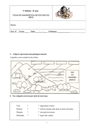 1- A figura representa uma paisagem natural. 
Legenda-a com as palavras da coluna 
2- Faz a ligação correcta por meio de um traço. 
3- Pensa e respon 
9 
1º CICLO – 4º ano 
FICHA DE DIAGNÓSTICA DE ESTUDO DO 
MEIO 
Nome: 
________________________________________________________________________________ 
Ano: 4º Turma: ____ Data: ____/___/____ Professor:______________ 
Vale * * lugar plano e baixo 
Planície * * terreno situado entre duas ou mais elevações 
Planalto * * elevação de terreno 
Montanha * * lugar alto e plano 
 