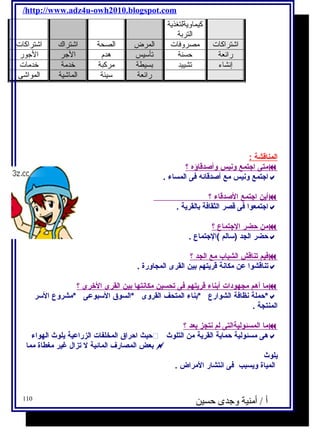 /http://www.adz4u-owh2010.blogspot.com 
كيماويةلتغذية 
التربة 
اشتراكات مصروفات المرض الصحة اشتراك اشتراكات 
رائعة حسنة تأسيس هدم الجر الجور 
إنشاء تشييد بسيطة مركبة خدمة خدمات 
رائعة سيئة الماشية المواشى 
ا لمناقشة : 
متى ا جتمع ونيس وأصدقاؤه ؟  
اجتمع ونيس مع أصدقائه فى المساء .  
أ ين ا جتمع ا لصدقاء ؟  
اجتمعوا فى قصر الثقافة بالقرية .  
من حضر ا لجتماع ؟  
حضر الجد (سالم )الجتماع .  
فيم تناقش ا لشباب مع ا لجد ؟  
تناقشوا عن مكانة قريتهم بين القرى المجاورة .  
م ا أ هم مجهودات أ بناء قريتهم فى تحسين مكانته ا بين ا لقرى ا لخرى ؟  
حملة نظافة الشوارع *بناء المتحف القروى *السوق السبوعى *مشروع السر * 
المنتجة . 
م ا ا لمسئوليةالتى ل م نتجز بعد ؟  
حيث احراق المخلفات الزراعية يلوث الهواء  هى مسئولية حماية القرية من التلوث  
بعض المصارف المائية ل تزال غير مغطاة مما  
يلوث 
المياة ويسبب فى انتشار المراض . 
أ / أمنية وجدى حسين 110 
 