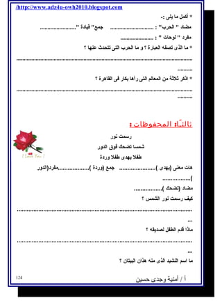 /http://www.adz4u-owh2010.blogspot.com 
* أكمل ما يلى :- 
مضاد  الحرب : ............................. جمع قيادة ........................ 
مفرد  لوحات  : ...................... 
* ما الذى تصفه العبارة ؟ و ما الحرب التى تتحدث عنها ؟ 
...................................................................................................................... 
.......... 
* اذكر ثلثة من المعالم التى رآها بكار فى القاهرة ؟ 
...................................................................................................................... 
.......... 
ثالثـًا: المحفوظات : 
رسمت نور 
شمسا تضحك فوق الدور 
طفل يهدى طفل وردة 
هات معنى (يهدى )...................... جمع (وردة )...................مفرد(الدور 
.................( 
مضاد (تضحك )................. 
كيف رسمت نور الشمس ؟ 
.......................................................................................................... 
... 
ماذا قدم الطفل لصديقه ؟ 
.......................................................................................................... 
... 
ما اسم النشيد الذى منه هذان البيتان ؟ 
أ / أمنية وجدى حسين 124 
 