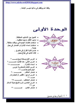 /http://www.adz4u-owh2010.blogspot.com 
وفقنا ال ووفقكم إلى ما فيه  خيـــــر لبنائنا . 
التمييز بين الساليب المختلفة. · 
ترتيب الفكار ترتيبـًاا منطقيــًاا . · 
استخدام الكلمات الجديدة فى سياقات مختلفة . · 
استخدام أسماء الشاارة و الضمائر فى جمل · 
جديدة . 
حـُسن تلوة القرآن فى خشوع . · 
إلقاء النشيد فى إيقاع جميل . · 
الدرس الول :بساط الريح صـــــــــ ٣ · 
الدرس الثانى : هنا القاهرة .صـــــــــــــ ٩ · 
أسماء الشاارة . صــــــــــــــــــ ١٤ · 
الدرس الثالث:السكندرية عروس · 
البحرالمتوسط صـــــ ١٦ 
ضمائر المتكلم . صــــــــــــــ ٢٠ · 
الدرس الرابع : القصر أمّر الحضارات. · 
صــــــ ٢١ 
ضمائر المخاطب . صـــــــــــــ ٢٥ · 
الدرس الخامس: شارم الشيخ مدينة السلم · 
ص ٢٦ 
ضمائر الغة ائب. صـــــــــــــــ ٣٠ · 
الهداف 
الموضوعا 
ت 
3 أ / أمنية وجدى حسين 
 