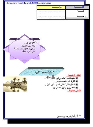 /http://www.adz4u-owh2010.blogspot.com 
الكلمــــــــــــــة إعرابهــــــــــــا 
اللـــــــــه واحــــــــــــدٌ 
ا لفكار ا لرئيسية : 
.......................................... 
.......................................... 
سـقوط قطرة ماء فى نهر النيل .  
قطرة الماء تحب مصــر .  
أشكال التلوث التى أصابت نهر النيل .  
المصريون يبنون حضارتهم .  
كلماتى ا لجديدة : 
أ / أمنية وجدى حسين 
69 
ا لعرا ب هو : 
بيان سبب ا لضبط 
بمعنى لماذا  وضعت ا لضمة 
على آخر ا لكلمة؟ 
حديــثٌ مع 
النـّهر 
 