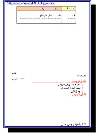 /http://www.adz4u-owh2010.blogspot.com 
لمير 
الشعراء: 
............................................................... 
أحمد شوقى 
ا لكلــــــمة إعـــــــــــــــــــرا بهــا 
غردَ  
............ 
ا لفكار ا لرئيسية : 
فعل...........مبنى على الفتح . 
ملمح الجمال فى القرية .  
طيور القرية السعيدة .  
جمال النيل .  
كلماتى ا لجديدة : 
أ / أمنية وجدى حسين 
79 
 