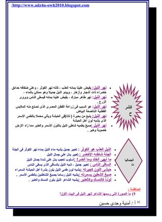 /http://www.adz4u-owh2010.blogspot.com 
ن هر ا لنيل: يفيض علينا بمائه العذب ، كأنه نهر الكوثر ، وعلى ضفافه حدائق · 
خضراء ذات أشجار وأزهار ، ويبدو النيل جميل وهو ممتلئ بالماء ، 
ن هر ا لنيل : نهر طاهر مبارك ، يفيض علينا بمائه فيسقى الناس ويروى · 
الزرع . 
ن هر ا لنيل : هو السبب فى زراعة القطن المصرى الذى نصنع منه الملبس · 
القطنية الناتصعة البياض 
ن هر ا لنيل : ينبع من بحيرة ( تانا)فى الحبشة ويأتى محمل بالطمى السـمر · 
الذى يشبه لون أهل الحبشة 
ن هر ا لنيل : صبغ بطميه شاطئ النيل باللون السـمر والعنبر مما زاد الرض · 
خصوبة وخير . 
ا لنيل ا لعذب هو ا لكوثر : تعبير جميل يشبه ماء النيل بماء نهر الكوثر فى الجنة · 
ال جنة شاطئه ا لخضر : تعبير يدل على جمال النيل · 
م ا أ بهى ا لخلد وم ا أ نضر! : أسـلوب تعجب يدل على شدة جمال النيل · 
ا لساقى ا لناس : تعبير جميل ، شبه النيل بالساقى الذى يسقى الناس · 
حبشى ا للون كجيرته : يشبه لون طمى النيل بلون بشرة أهل الحبشة السمراء · 
صبغ ا لشطين ب سمرته : يشبه النيل رسـاما يصبغ الشاطئين بالطمى السـمر . · 
ل ونـًا ا كالمسك وكالعنبر : يشبه الشاعر النيل بلون المسك والعنبر . · 
الشر 
ح  
الجماليا 
ت 
ا لمناقشة : 
1) م ا ا لصورة ا لتى رسـمه ا ا لشاعر ل نهر ا لنيل فى ا لبيت ا لول؟ 
81 أ / أمنية وجدى حسين 
 