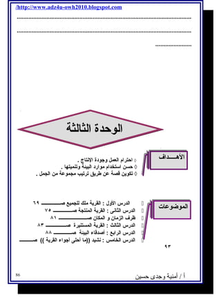 /http://www.adz4u-owh2010.blogspot.com 
.......................................................................................................... 
.......................................................................................................... 
...................... 
ا ا للووححددةة ا ا للثثااللثثةة 
احترام العمل وجودة النتاج . ◊ 
حسن اسـتخدام موارد البيئة وتنميتها . ◊ 
تكوين قصة عن طريق ترتيب مجموعة من الجمل . ◊ 
الدرس الول : القرية ملك للجميع صــــــــــــــــ ٦٩  
الدرس الثانى : القرية المنتجة صــــــــــــــــ ٧٥  
ظرف الزمان و المكان صــــــــــــــــــــــــ ٨١  
الدرس الثالث : القرية المستنيرة صـــــــــــــــــ ٨٣  
الدرس الرابع : أصدقاء البيئة صـــــــــــــــ ٨٨  
الدرس الخامس : نشيد ((ما أحلى أجواء القرية )) صـــــــــــ  
االلههــــــــــدداافف 
االلممووضضووععااتت 
٩٣ 
أ / أمنية وجدى حسين 86 
 