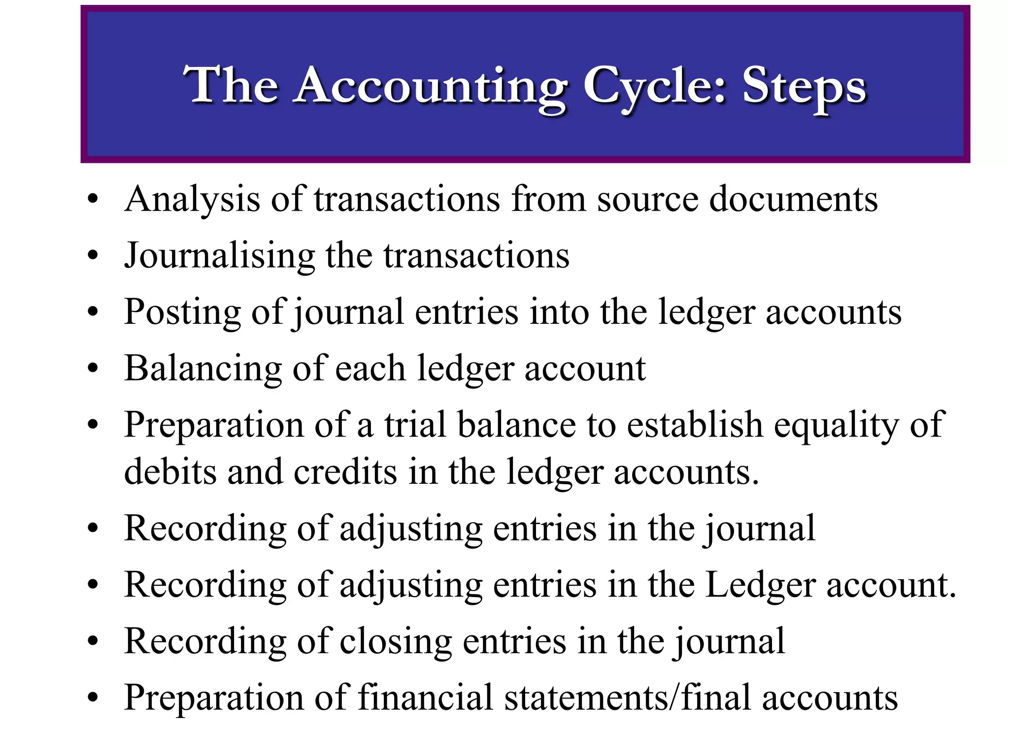 Accounting Cycle 
•Analysis of transactions from source documents 
•Journalising the transactions 
•Posting of journal entries into the ledger accounts 
•Balancing of each ledger account 
•Preparation of a trial balance to establish equality of debits and credits in the ledger accounts. 
•Recording of adjusting entries in the journal 
•Recording of adjusting entries in the Ledger account. 
•Recording of closing entries in the journal 
•Preparation of financial statements/final accounts 
The Accounting Cycle: Steps  